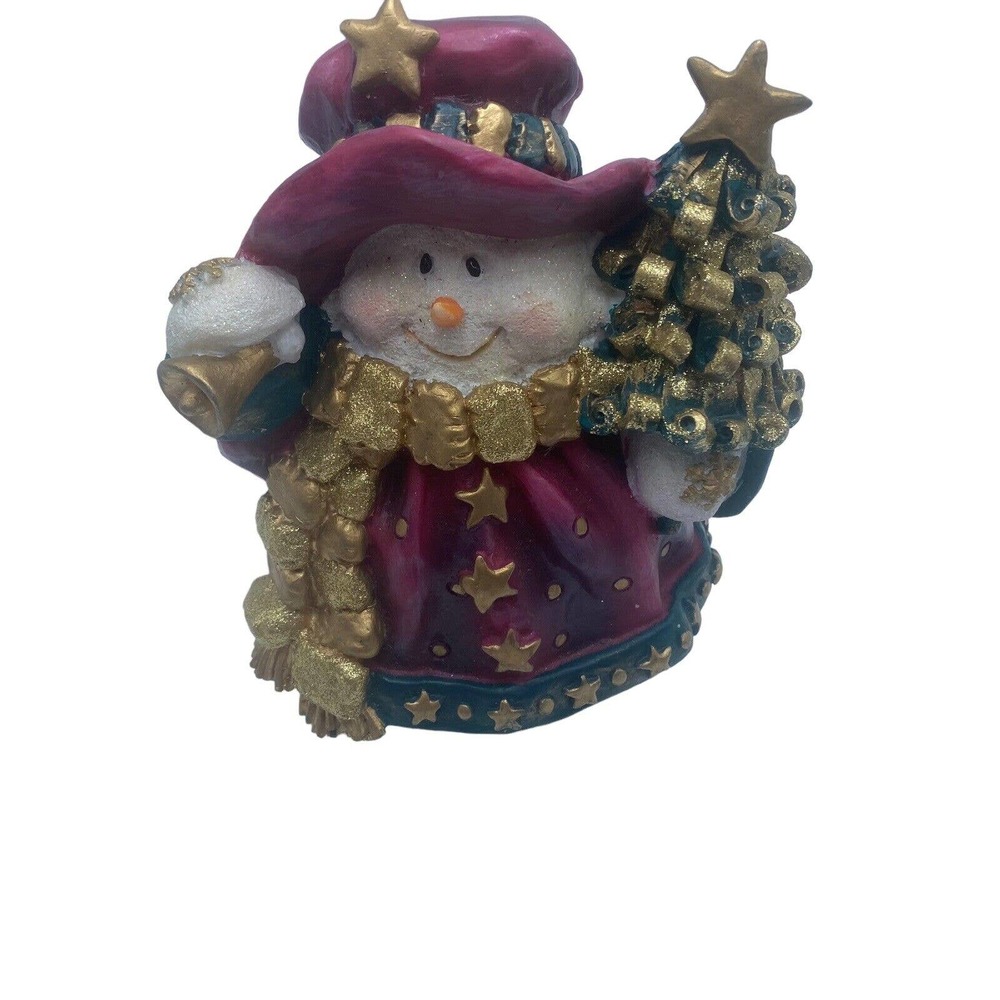 Decorative Snowman Figure Burgundy color Gold Stars Gold Scarf